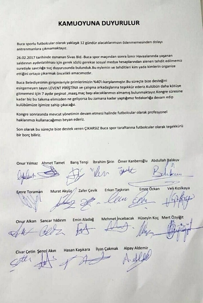 Bucasporlu futbolculardan “Başkan Kayışlı’yı istemiyoruz” açıklaması