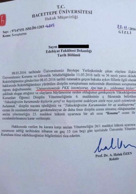 Hacettepe Üniversitesi Rektörlüğü’nden, bölücü örgütü protesto eden öğrenciye ceza

