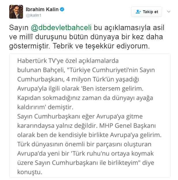 Cumhurbaşkanlığı Sözcüsü Kalın’dan Bahçeli paylaşımı