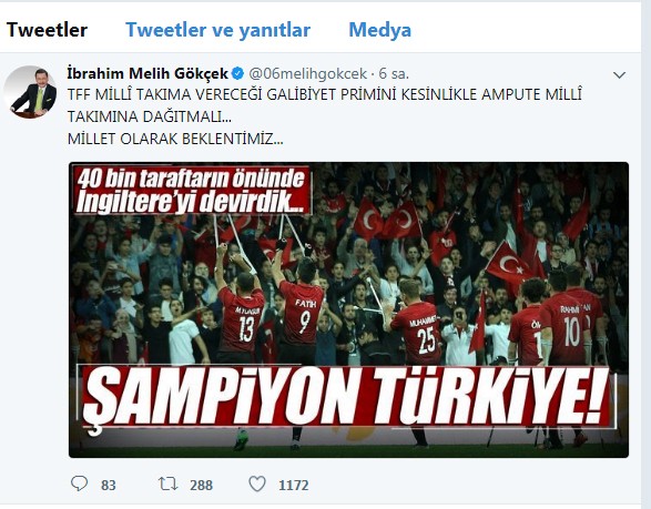 Başkan Gökçek’ten, Ampute Milli Takımı’na büyük jest
