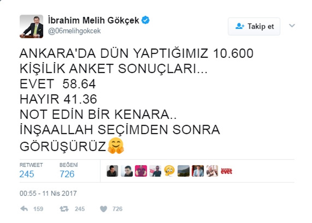 Ankara Büyükşehir Belediye Başkanı Gökçek son referandum anketini açıkladı