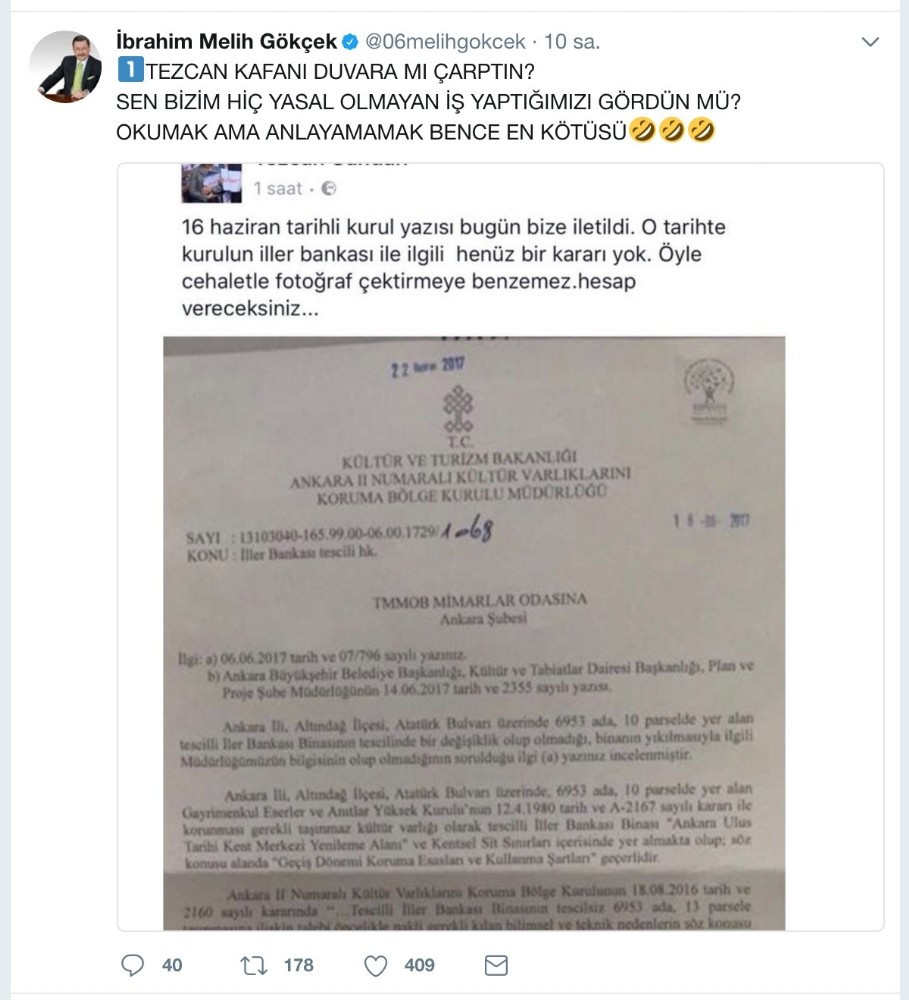 Başkan Gökçek’ten, Mimarlar Odası Başkanı Candan’a tepki