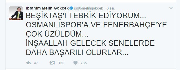 Başkan Gökçek, Beşiktaş’ı kutladı
