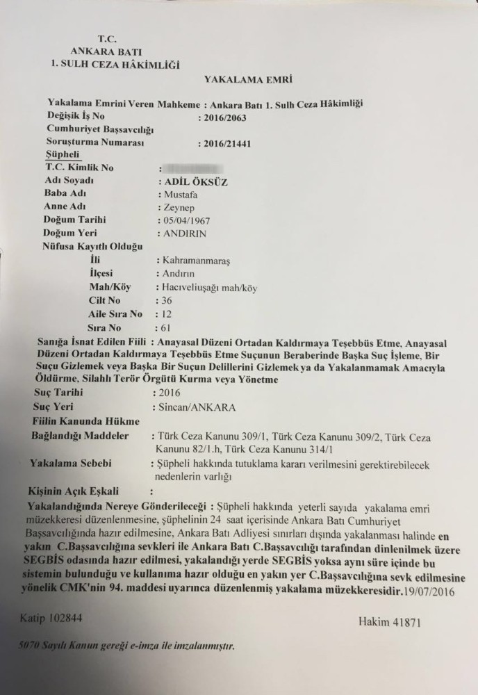 Adil Öksüz’e ilişkin yakalama kararının belgesi