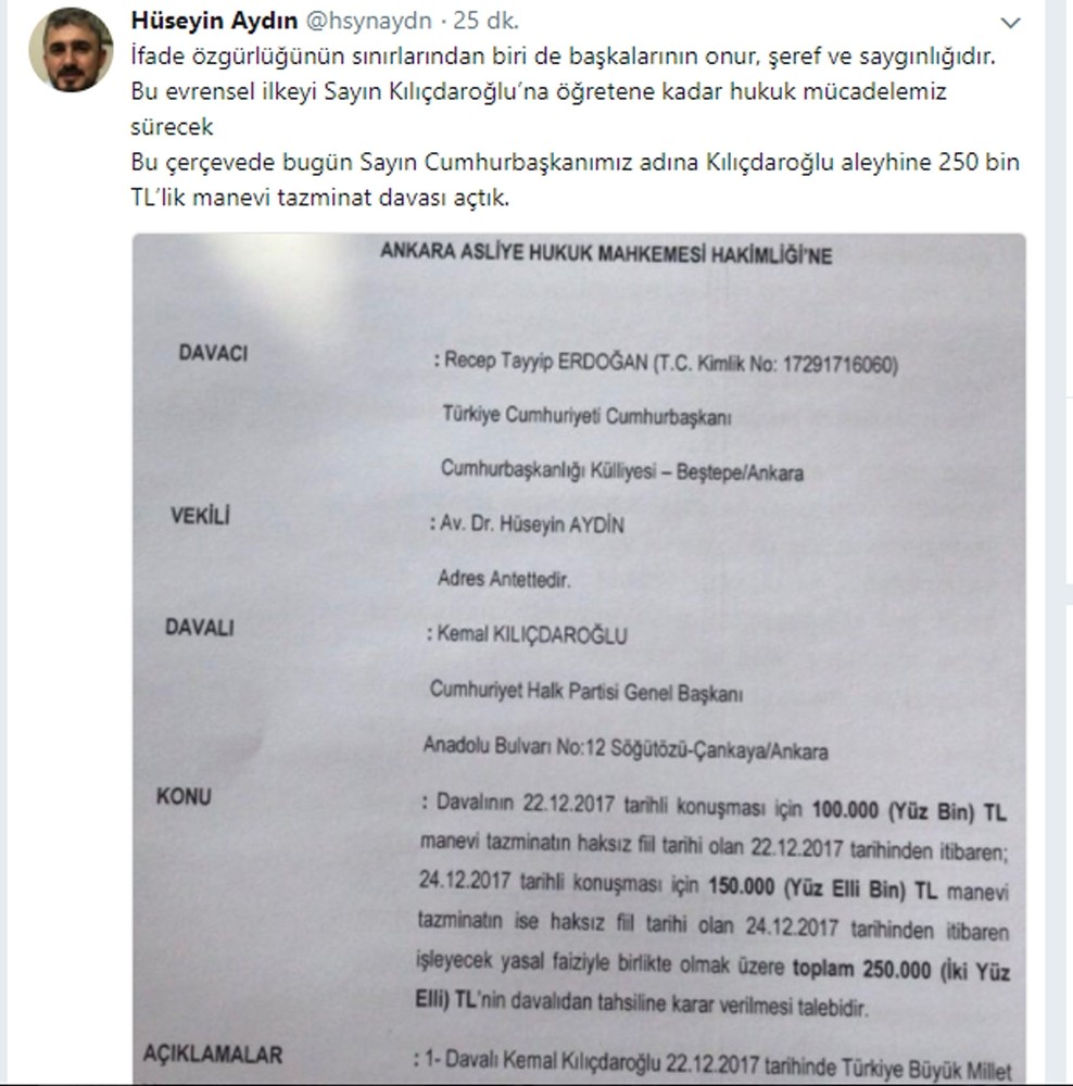 Cumhurbaşkanı Erdoğan’dan Kılıçdaroğlu’na 250 bin TL’lik manevi tazminat davası