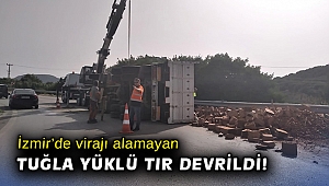 İzmir'de virajı alamayan tuğla yüklü tır devrildi: 1 yaralı