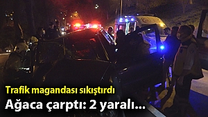 İzmir’de sıkıştırılan araç ağaca çarptı: 2 yaralı