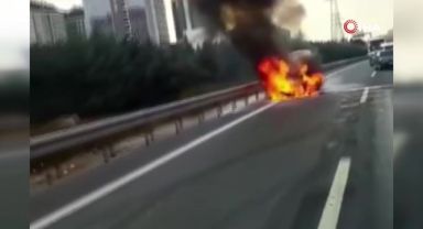 Basın Ekspres'te korku dolu anlar! Seyir halindeki araç alev alev yandı