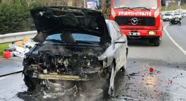 E5'te otomobil böyle alev alev yandı