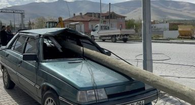 Telefon direği otomobile ok gibi saplandı