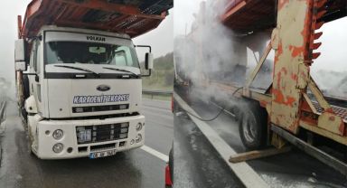 Tırın balataları tutuştu, sürücü dumandan etkilendi